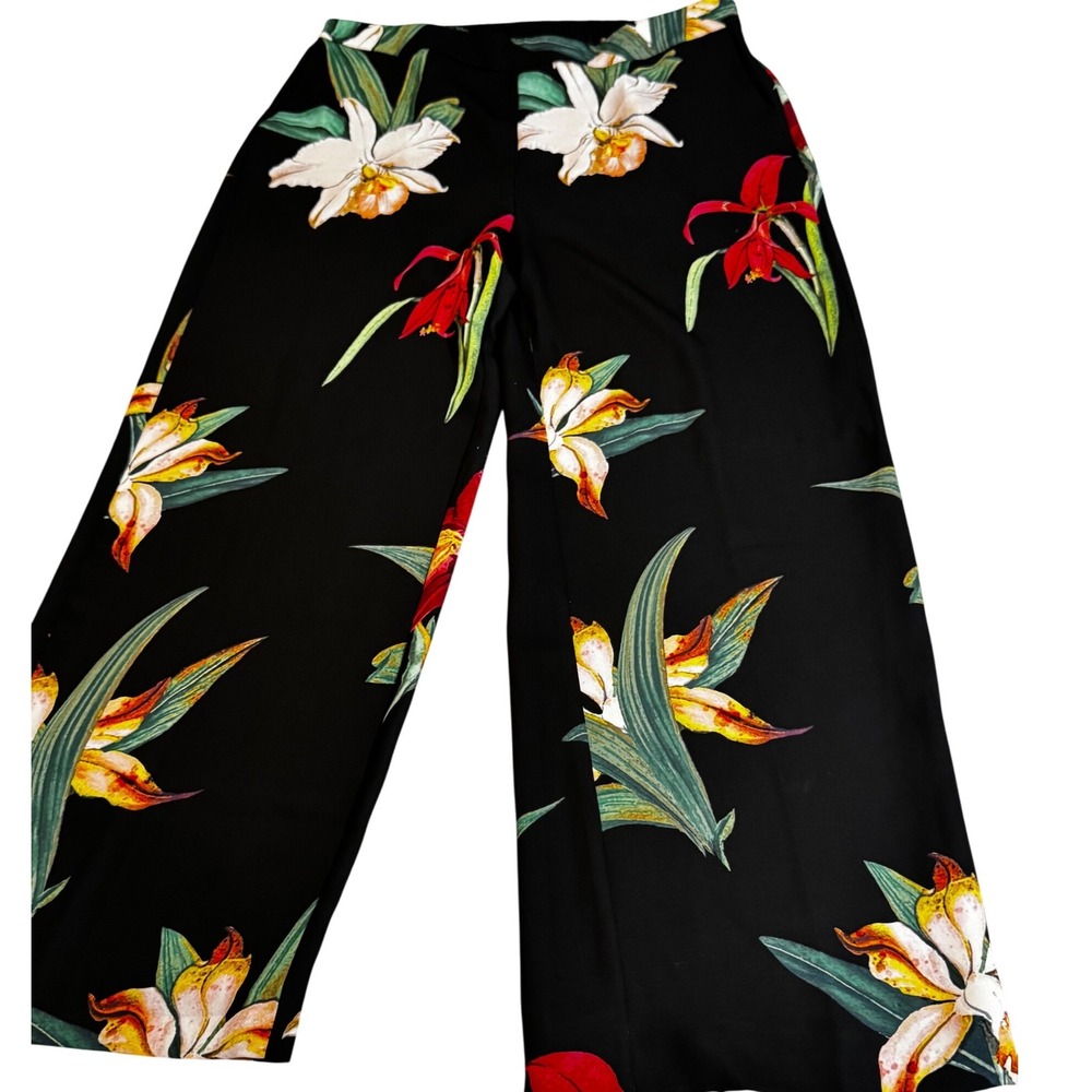 Chico's Tropical Orchid Floral Wide Leg Pants Black Size 1.5R US 10R Pull On